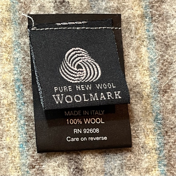 Christina Chiti WOOL shawl SCARF Tan Blue Cream STRIPED SHAWL fringe Wrap 17x65” - Picture 12 of 16